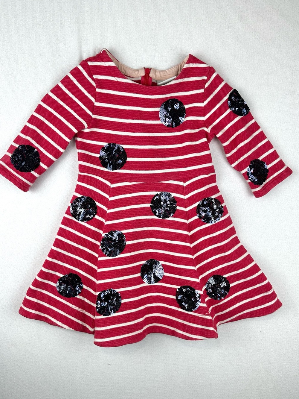 Mini Boden Ronald Dahl Mrs Ladybug & James the Giant Peach Dress Stripe Sequin